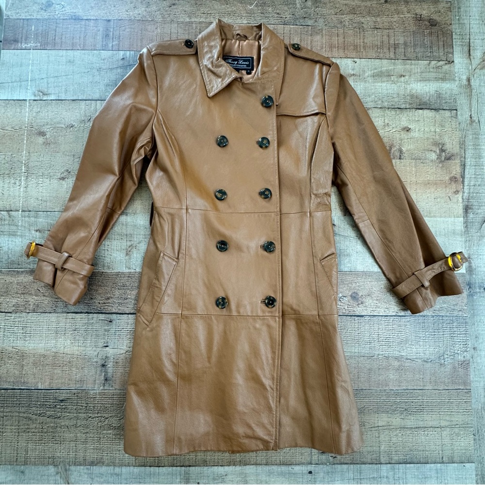 Vintage Double Breasted Leather Trench Coat Tan Brown 80s Womens MEDIUM No Belt